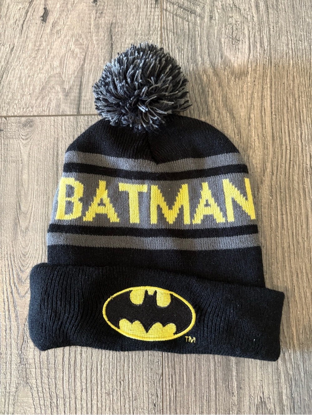 Batman Black and Gray Knit Pom Beanie with Yellow Logo